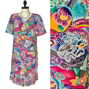 Vtg 100% Silk Colorful Japanese Floral Print Dress